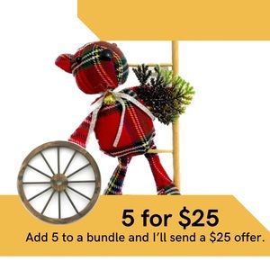 5 handmade plaid teddy bear Christmas ornaments.